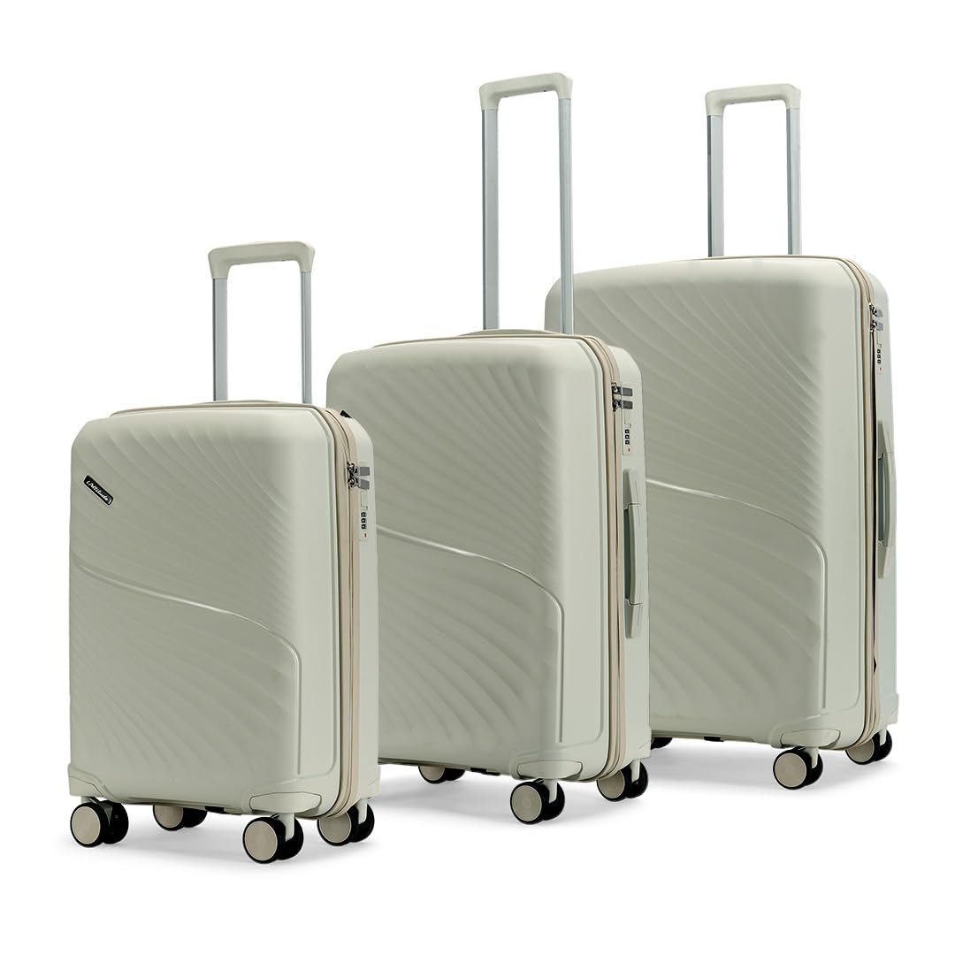 Meridian Set of 3 Trolley Bags Cabin + Medium + Large Polypropylene Hard Suitcase, 8 Spinner Wheels, 2-Pocket Convipack, Recessed Number Lock Ghost Grey/Limestone Grey