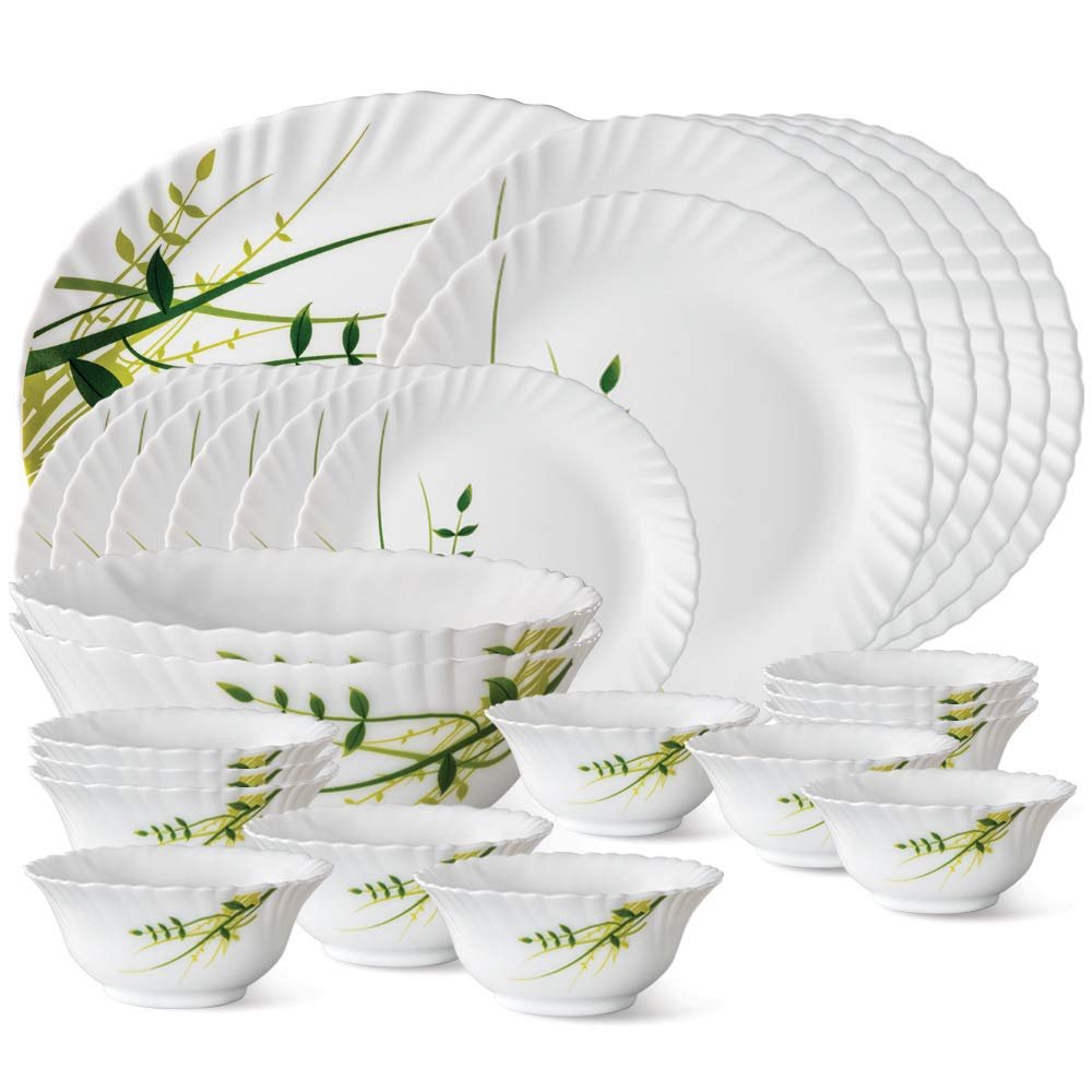 Larah by Borosil Fluted Series Green Herbs Opalware Dinner Set | 27 Piece for Family of 6 | Microwave & Dishwasher Safe | Bone-Ash Free | Crockery Set for Dining & Gifting | Plates & Bowls