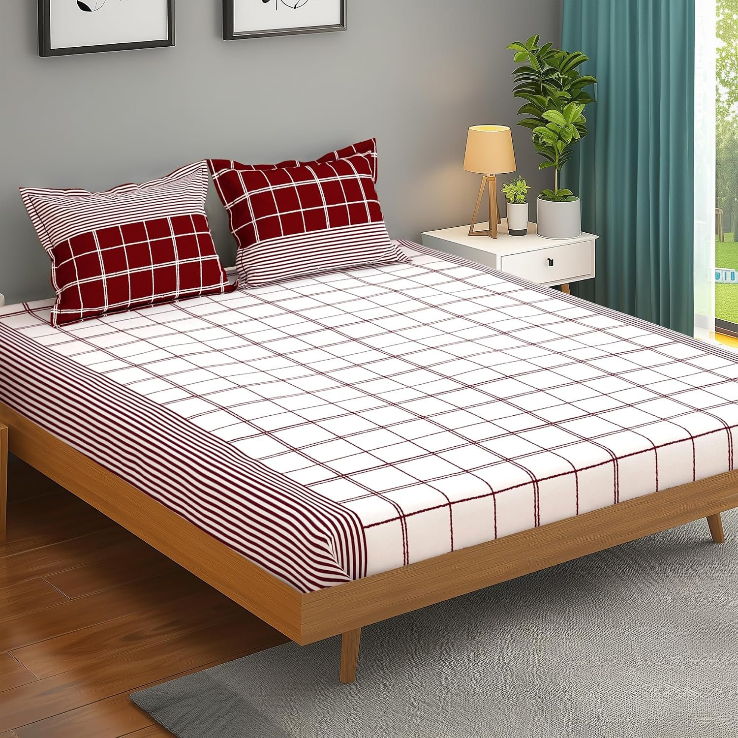 bedsheet for Double Bed, 152TC, 100% Cotton | Double Size Bedsheet with 2 Pillow Covers, Maroon & White, Stripes (Bedsheet : 225 X 250cm & Pillow : 46 X 69cm) Perfect for Festive Gifting