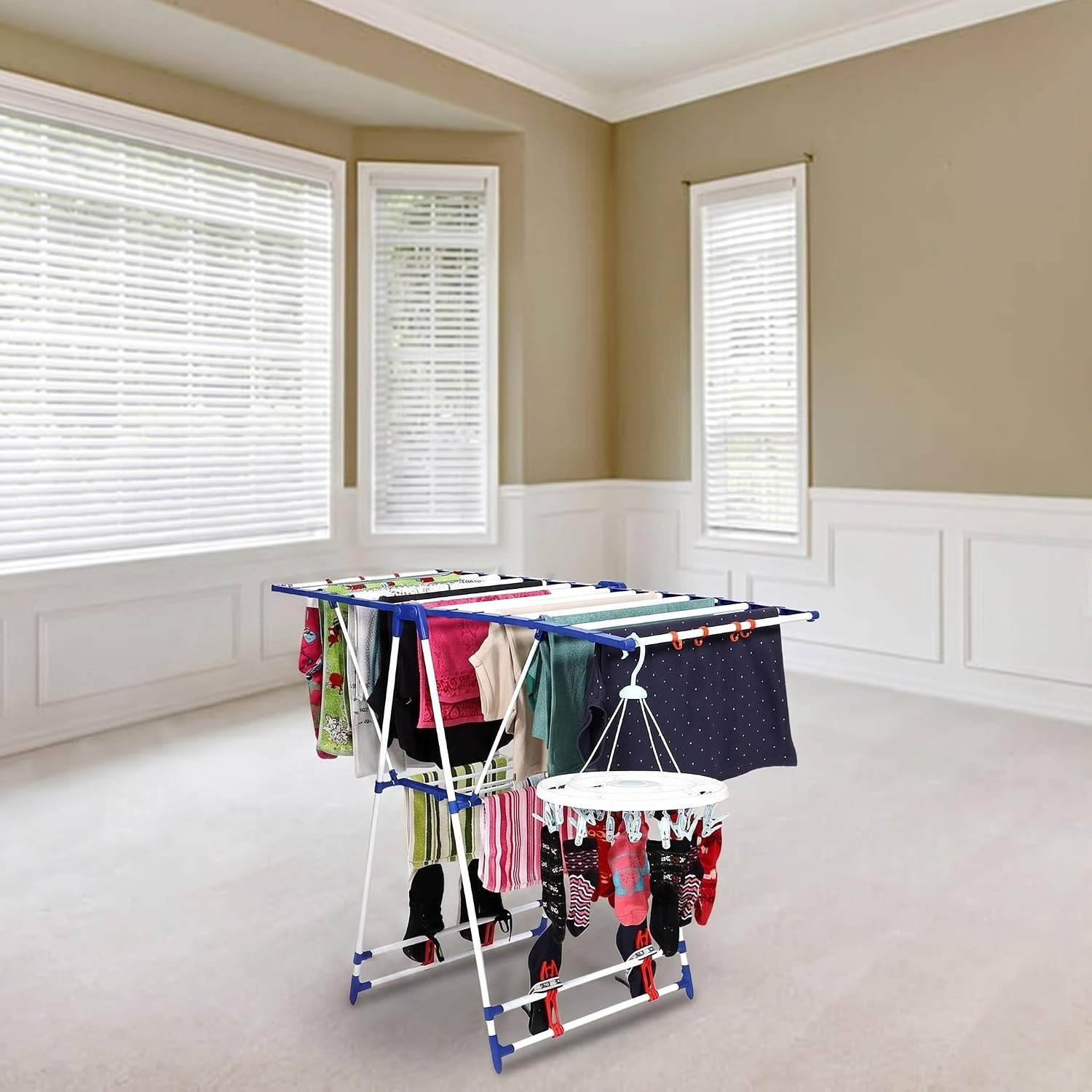 Happer Mild Steel Cloth Drying Stand | Winsome | 8 Hangers | 4 Shoe Holders | 40 Feet Drying Space (White & Blue)