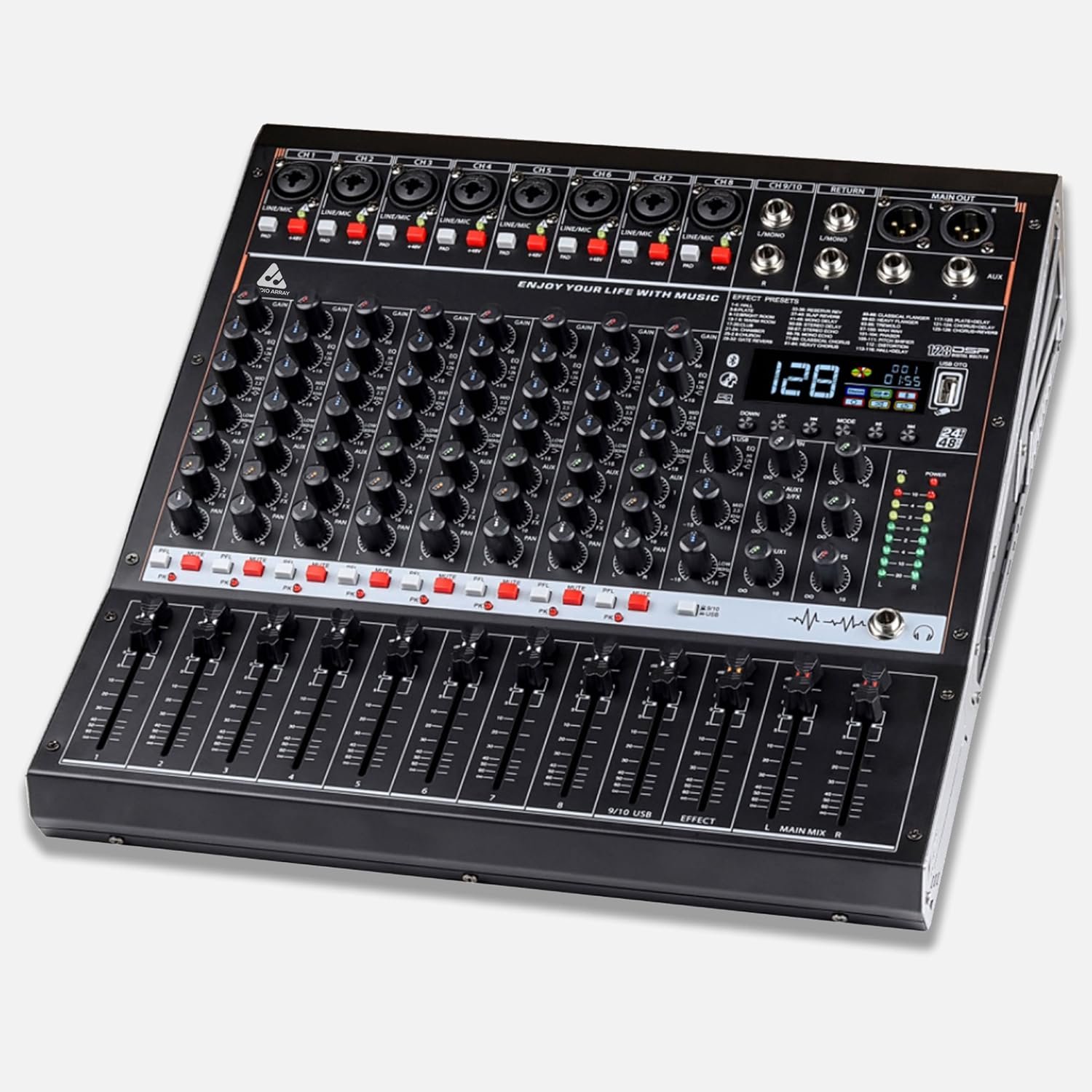 Audio Array AM-Mix10 10-Channel Hybrid USB Mixer with10 Analog+2 Digital Channel (L+R), 48kHz/16-Bit DSP, +48V, USB-C Powered, AUX Sends, Built-In FX, XLR Outputs for Live, Studio & Podcast