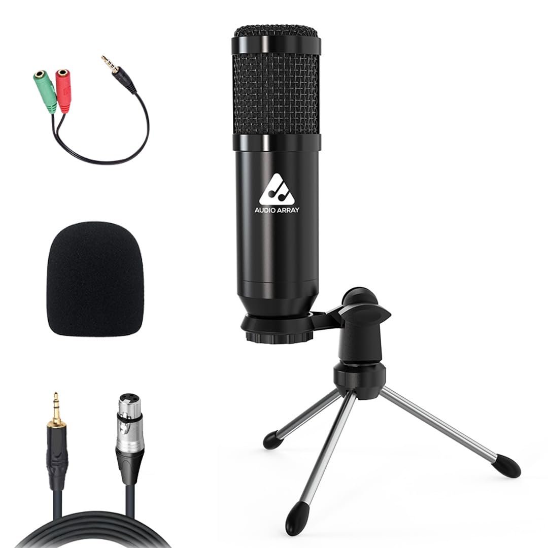 Audio Array XLR to 3.5mm Condenser Microphone Kit | Tripod, 2M Cable & Foam Filter | Compatible with Audio Interface, Mixer | Recording, Podcast, Streaming, Home Studio (Black) |AM-C39