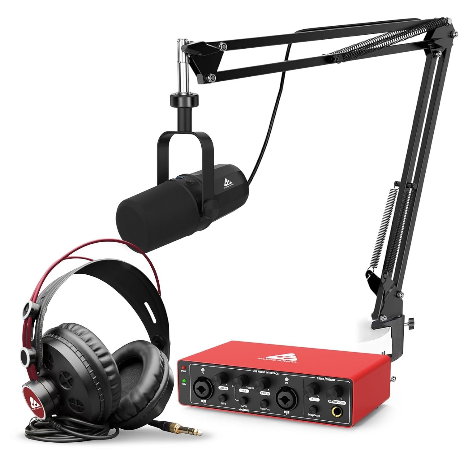 Audio Array Professional Dynamic Bundle with Headphones & Audio Interface - USB/XLR Dynamic Microphone, 24-bit/192kHz Interface, Boom Arm & Semi-Open Headphones | Plug & Play Podcast Kit -