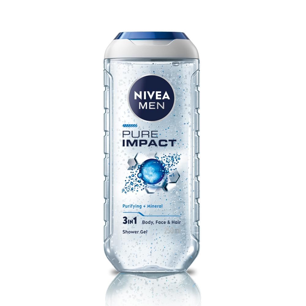 NIVEA MEN Pure Impact 250ml Body Wash| Shower Gel for Face, Body & Hair| Purifying Micro Particles for Extra Fine Scrub & Instant Summer Freshness|Clean, Healthy & Moisturized Skin