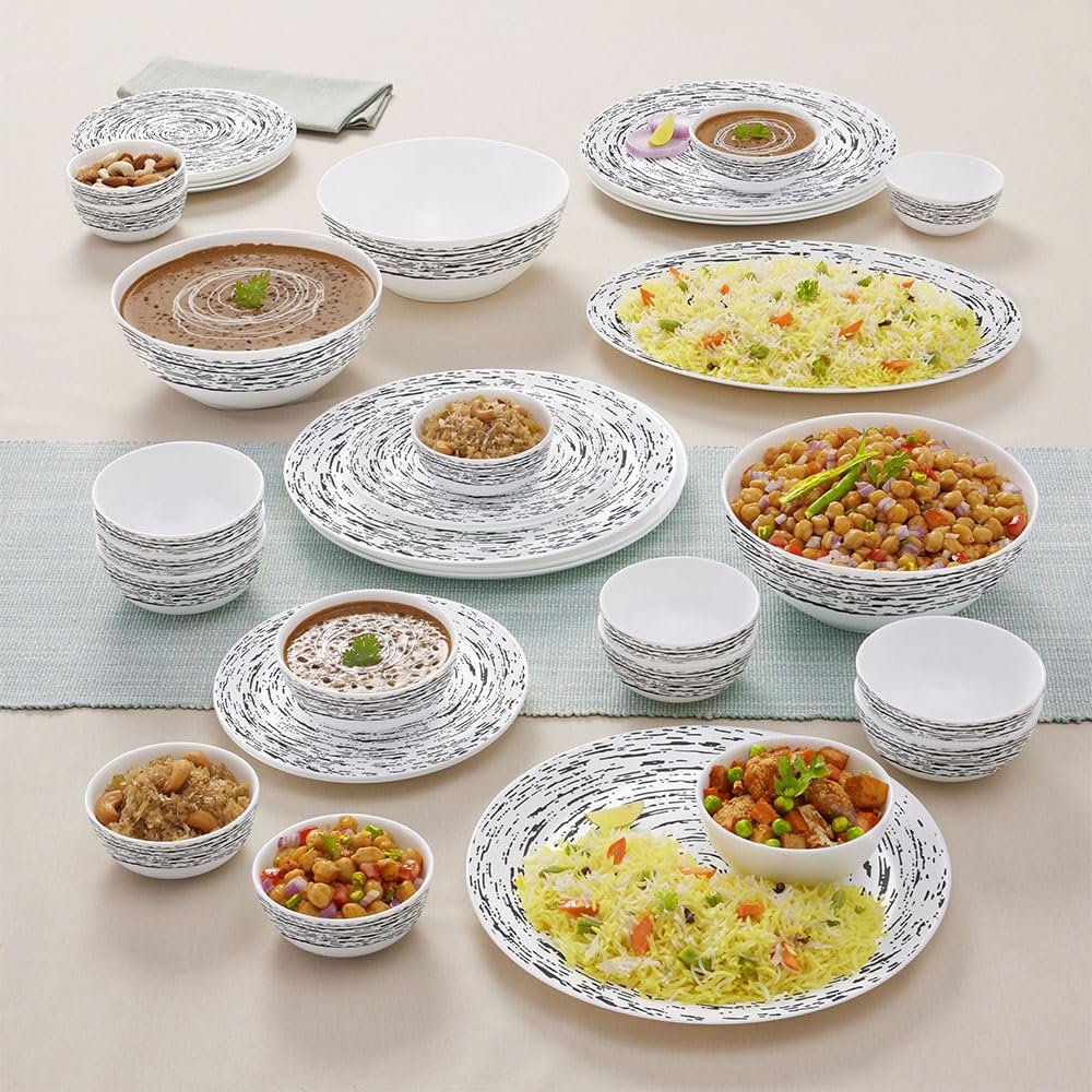 Larah By Borosil Moon Milky Way Dinner Set - 36 Pcs, Opal Glass Dinner Plates & Bowls Crockery Set for Dinning, White