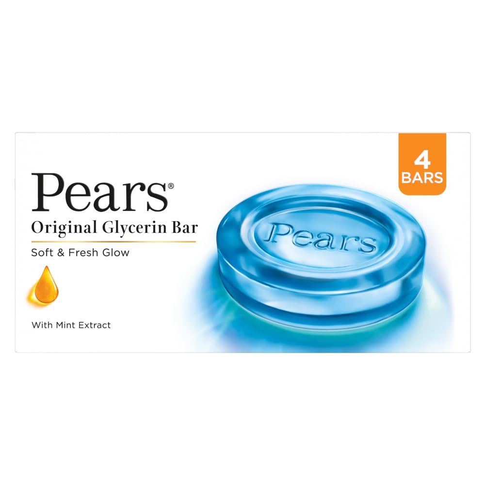 Pears Original Glycerin Soap Bar - Soft & Fresh Glow | With 98% Pure Glycerin & Mint Extract | For a Fresh Glow | With Plant Based Cleanser for Skin & Body | Paraben-free | 125gms x 4