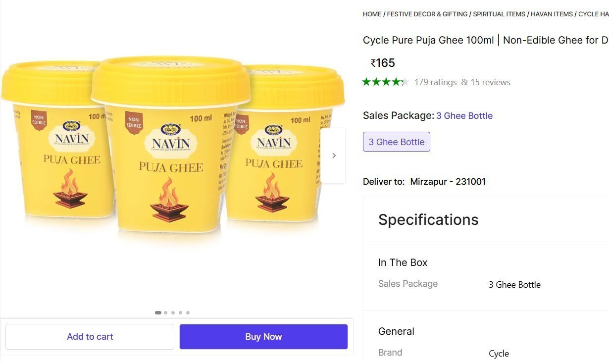 Cycle Pure Puja Ghee 100ml | Non-Edible Ghee for Diyas, Aarti & Rituals - Pack of 3 Price in India - Buy Cycle Pure Puja Ghee 100ml | Non-Edible Ghee for Diyas, Aarti & Rituals - Pack of 3 onl
