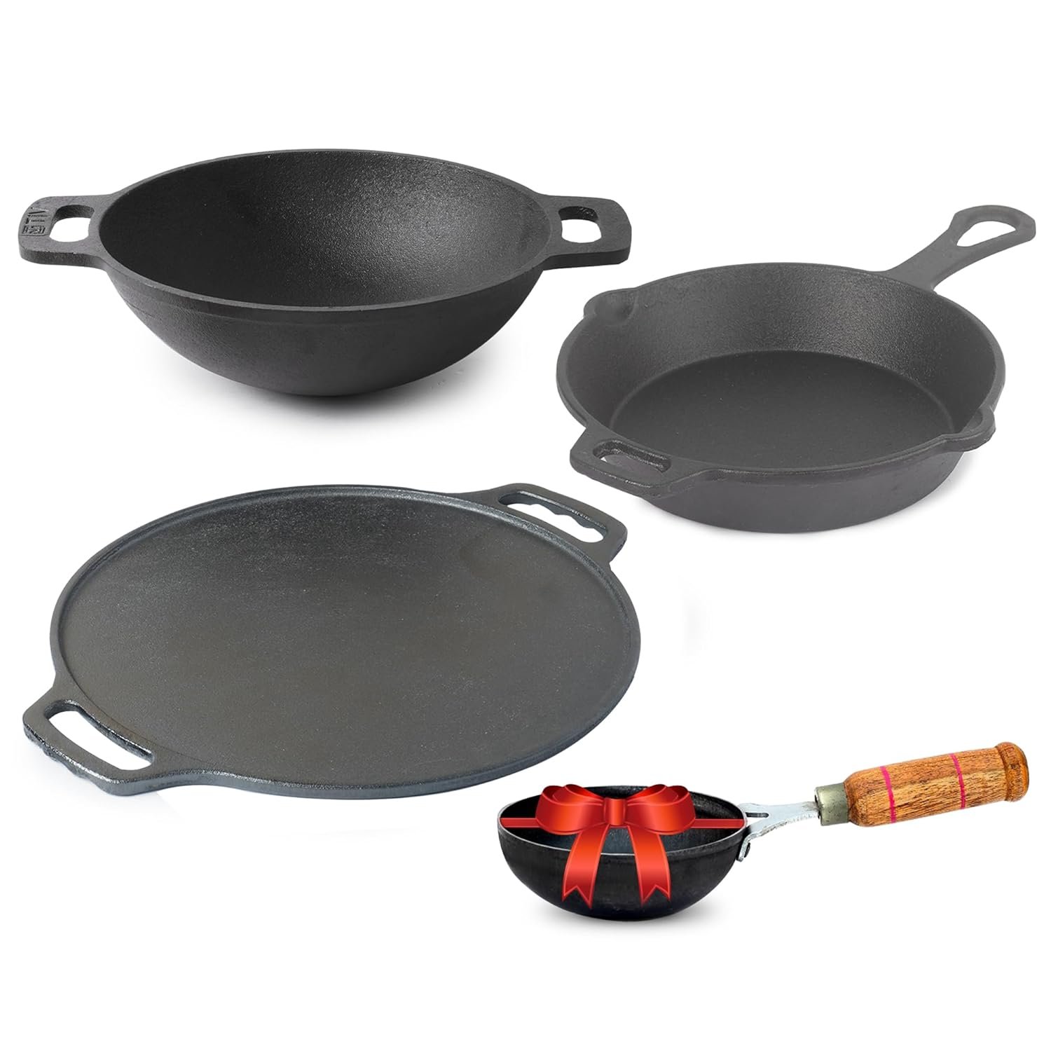 The Indus Valley Pre-Seasoned Cast Iron Cookware Set+ Free Tadka Pan|Tawa (30.5 Cm)+ Kadai (25.4 Cm/2.3L)+ Fry Pan (23 Cm/1.4L)|Kitchen Cooking Combo Pots & Pans Set of 4Pcs|Naturally Nonstick Bla