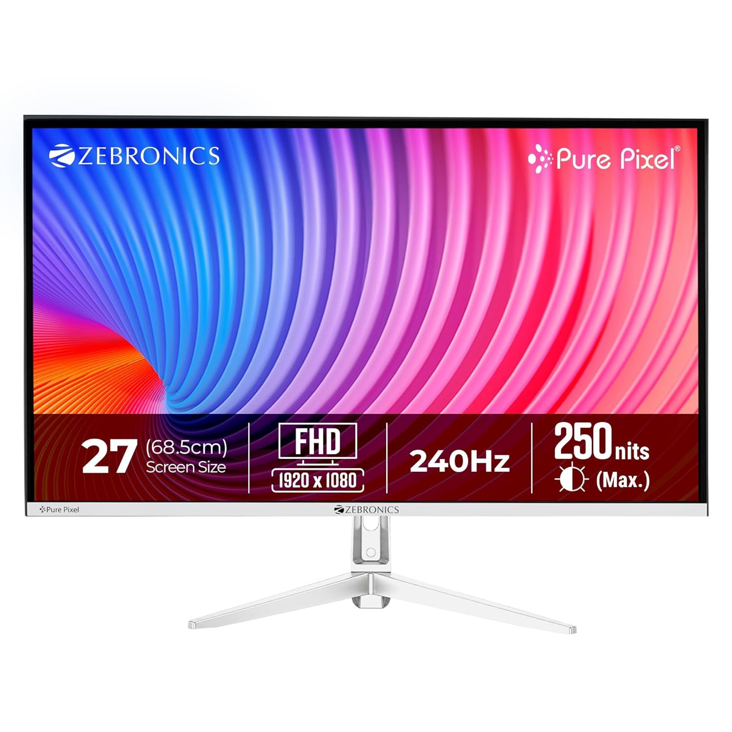 Zebronics 27 Inch FHD Gaming Monitor, 240Hz Refresh Rate, 1ms MPRT, Anti-Glare Display, 250 Nits, 16.7M Colors, Built-in Speakers, HDMI, DP, Bezel-Less Design, Speakers, Wall Mountable (EA27)