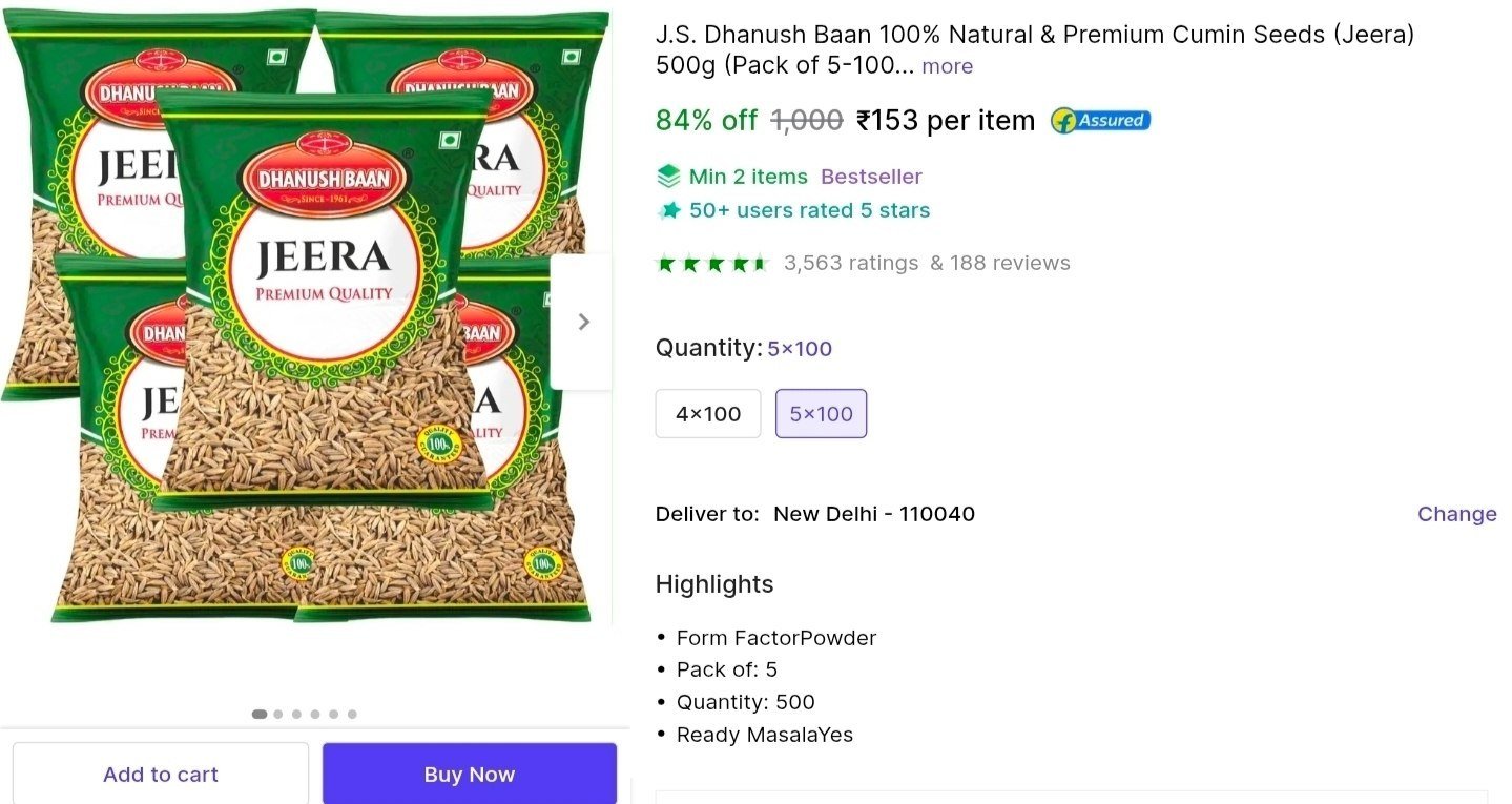 J.S. Dhanush Baan 100% Natural & Premium Cumin Seeds (Jeera) 500g (Pack of 5-100g Each) Price in India - Buy J.S. Dhanush Baan 100% Natural & Premium Cumin Seeds (Jeera) 500g (Pack of 5-100g E