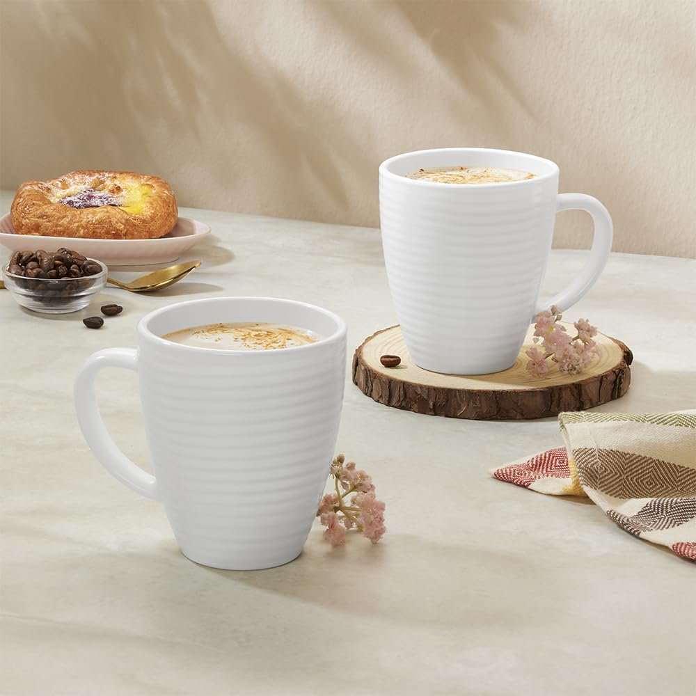 Larah by BOROSIL Tea/Coffee Orbit White Opalware Mug, Microwave & Dishwasher Safe, Bone-Ash Free, Crockery Set Ideal for Daily Use & Gifting (Orbit, 240ml x 2pc)