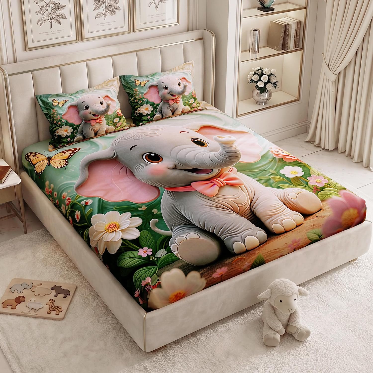 240 TC Cotton Double Bedsheet for King Bed (225×250 Cm) | 7D Digital Printed Double Bedsheet with 2 Pillow Covers | Soft, Wrinkle Packaging - Elephant