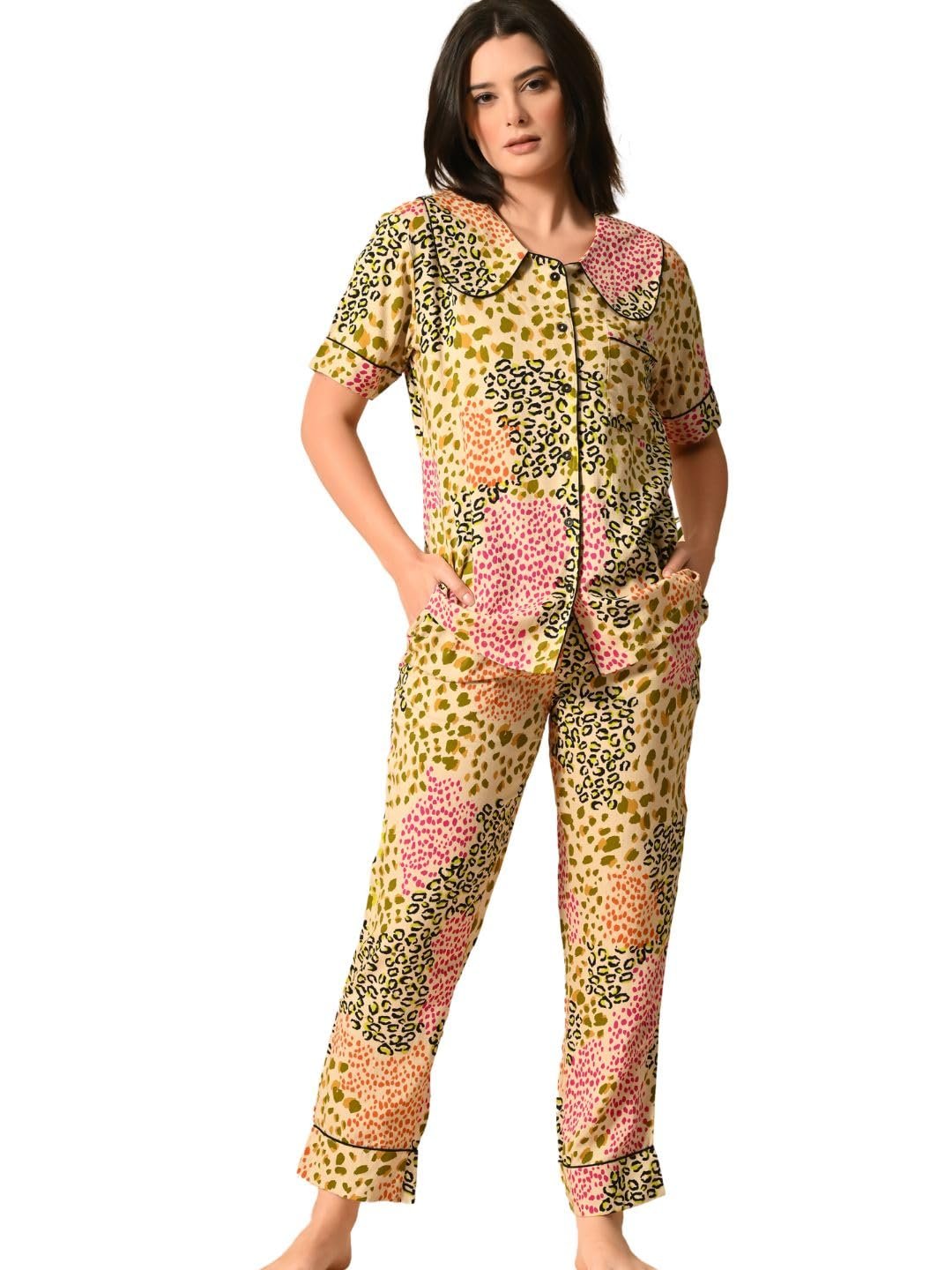 Women's Cotton Printed Night Suit Set | Soft & Stylish Full Sleeve Shirt with Pajama | Comfortable Loungewear & Sleepwe,(Multicolor XS)