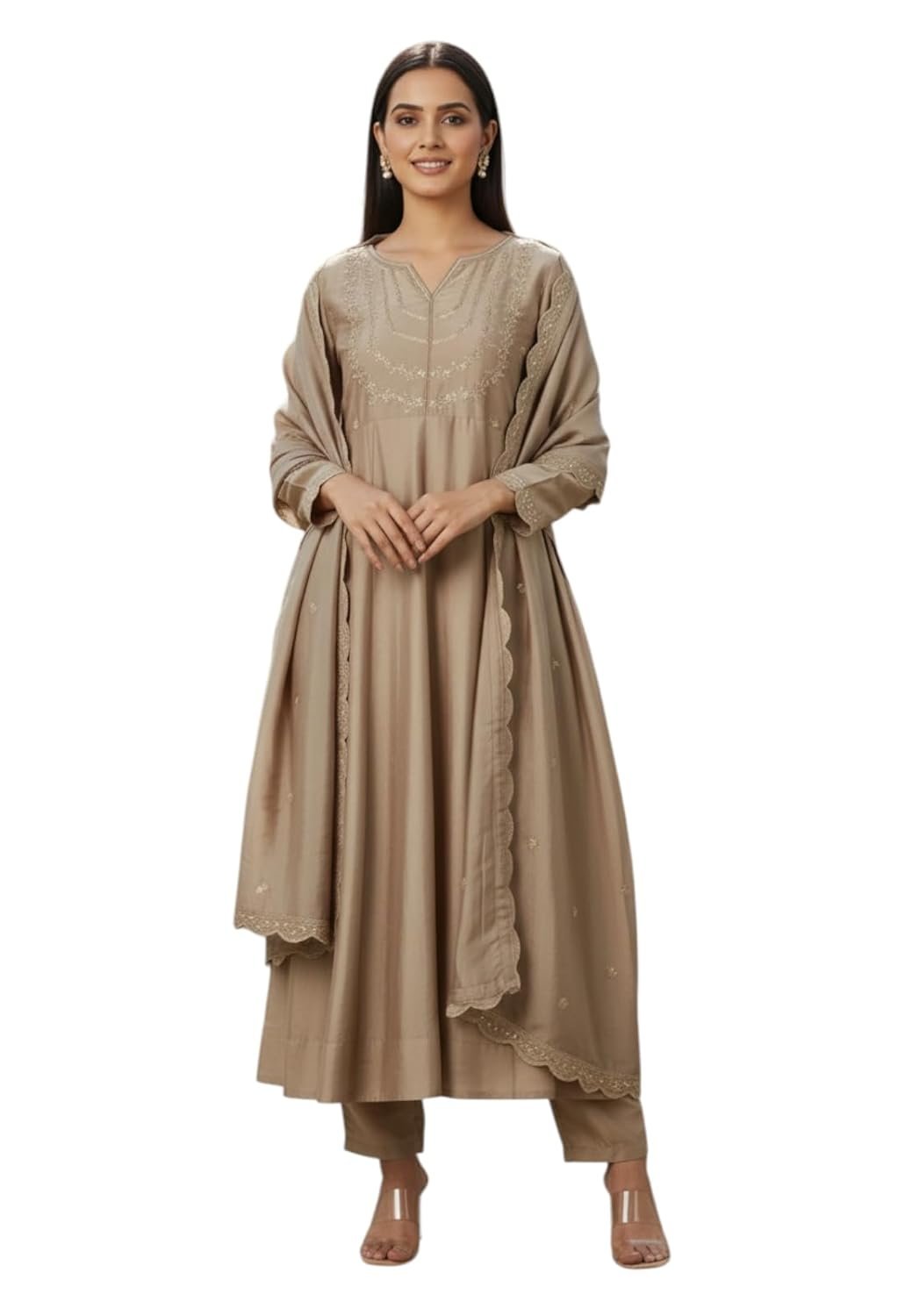 LookMark Women’s Silk Blend Embroidered Anarkali Kurta with Dupatta | Full Length Ethnic Dress | Long Sleeves