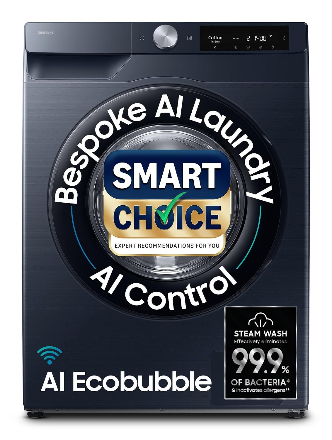 Samsung Smart Choice 9 kg, 5 Star, AI Control, AI Ecobubble, Super Speed, Wi-Fi, Hygiene Steam with Inbuilt Heater, Digital Inverter, Fully-Automatic Front Load Washing Machine (WW90DG6U24ASTL, NAVY)