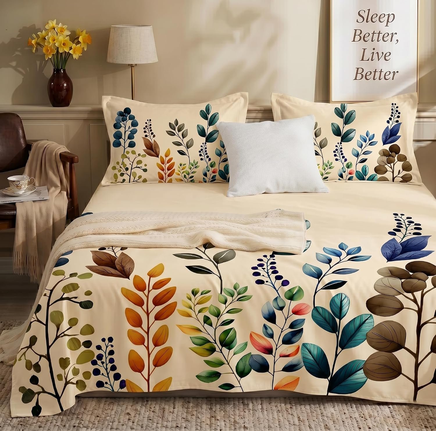 SANMARINO 300TC Cloud Cotton King Size Bedsheet with 2 Pillow Covers | Super Soft & Breathable | Luxury Floral Pixel Bloom Digital Print Bedding Set | 228x254 cm | Autumn Leaves Blue Mustard
