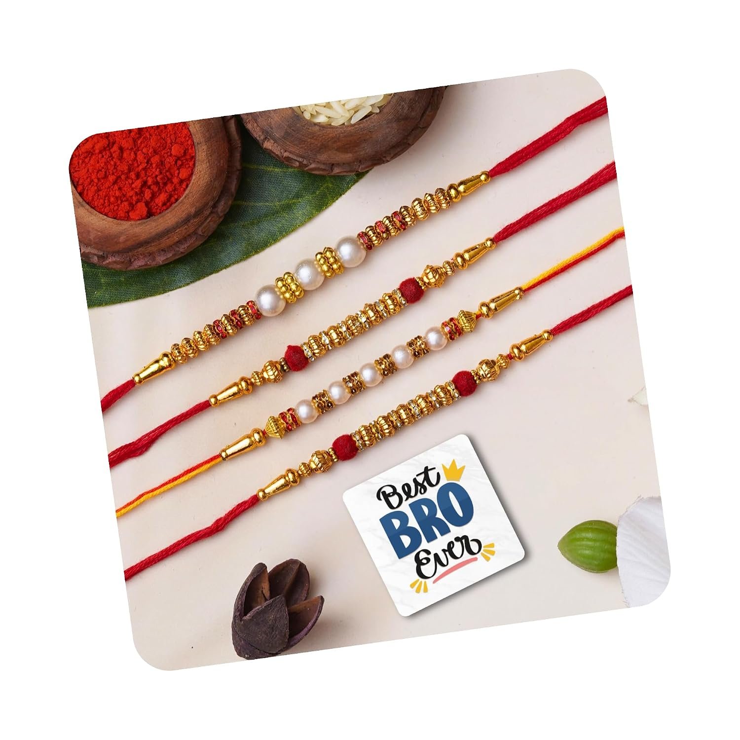 eCraftIndia Set of 4 Red, Golden & White Beads, Pearl, Diamond Designer Rakhis, Best Bro Ever Fridge Magnet with Roli Chawal Pack - Rakhi for Brother, Bhaiya, Bhai