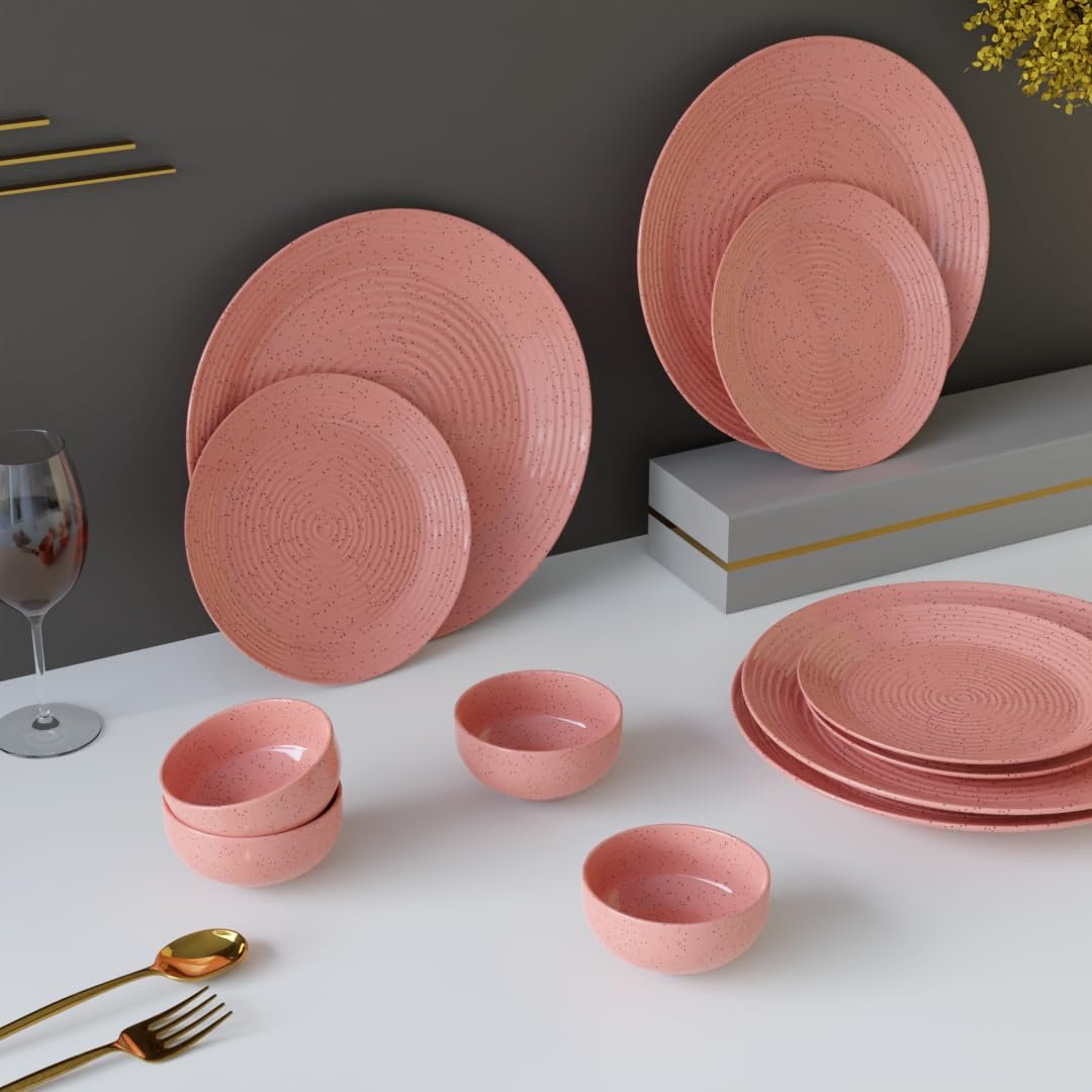 The Earth Store Spiral Pink Set of 12 Piece Ceramic Dinner Set, 4 Full Dinner Plates, 4 Quarter Plates, 4 Vegetable Bowls | Microwave & Dishwasher Safe | Ceramic Plate | Katori