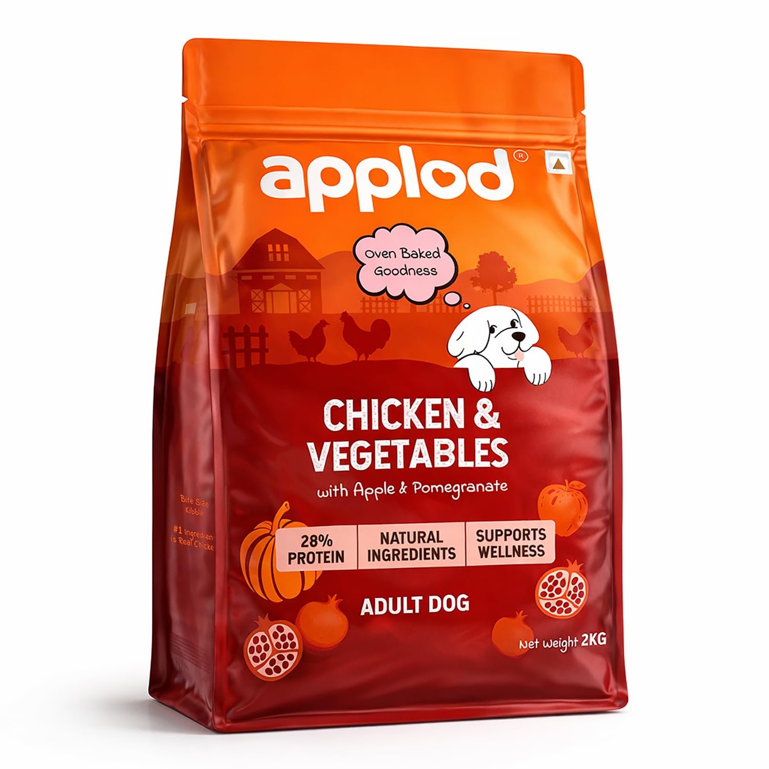 Chicken & Vegetables with Apple & Pomegranate Adult Dry Dog Food | Oven-Baked Complete Nutrition for Skin & Coat Health | Vet-Reviewed Formula | 2kg