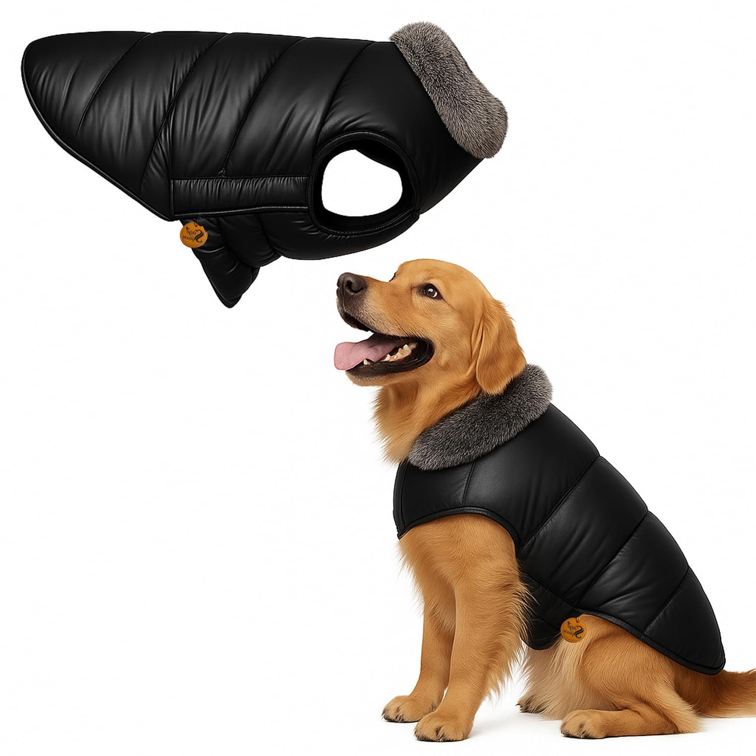 Sage Square Dog Winter Jacket Coat with Fur Collar, Light Weight, Ultra Warm Windproof, Waterproof Dog Jacket for Cold Weather, Thicker Fleece for Cold Weather (Black) (Medium - 18inch)