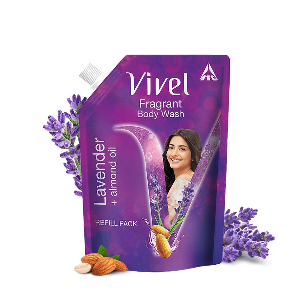 Vivel Fragrant Body Wash, Lavender & Almond Oil Shower Gel, 1300ml Supersaver XL Refill Pouch, Moisturizing Bodywash, Soft & Smooth Skin, Effective Cleansing, For Women & Men