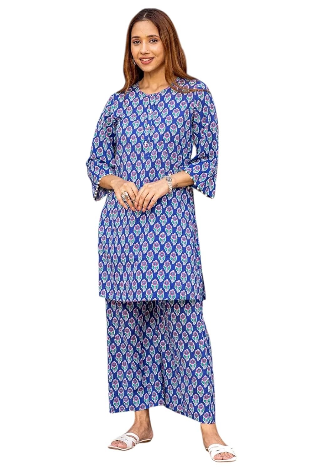 LookMark Women Viscose Rayon Floral Printed Stitched Kurta with Pant | Blue Color Kurta Set | Kurta with Pant Set for Woman | Printed Kurta Set