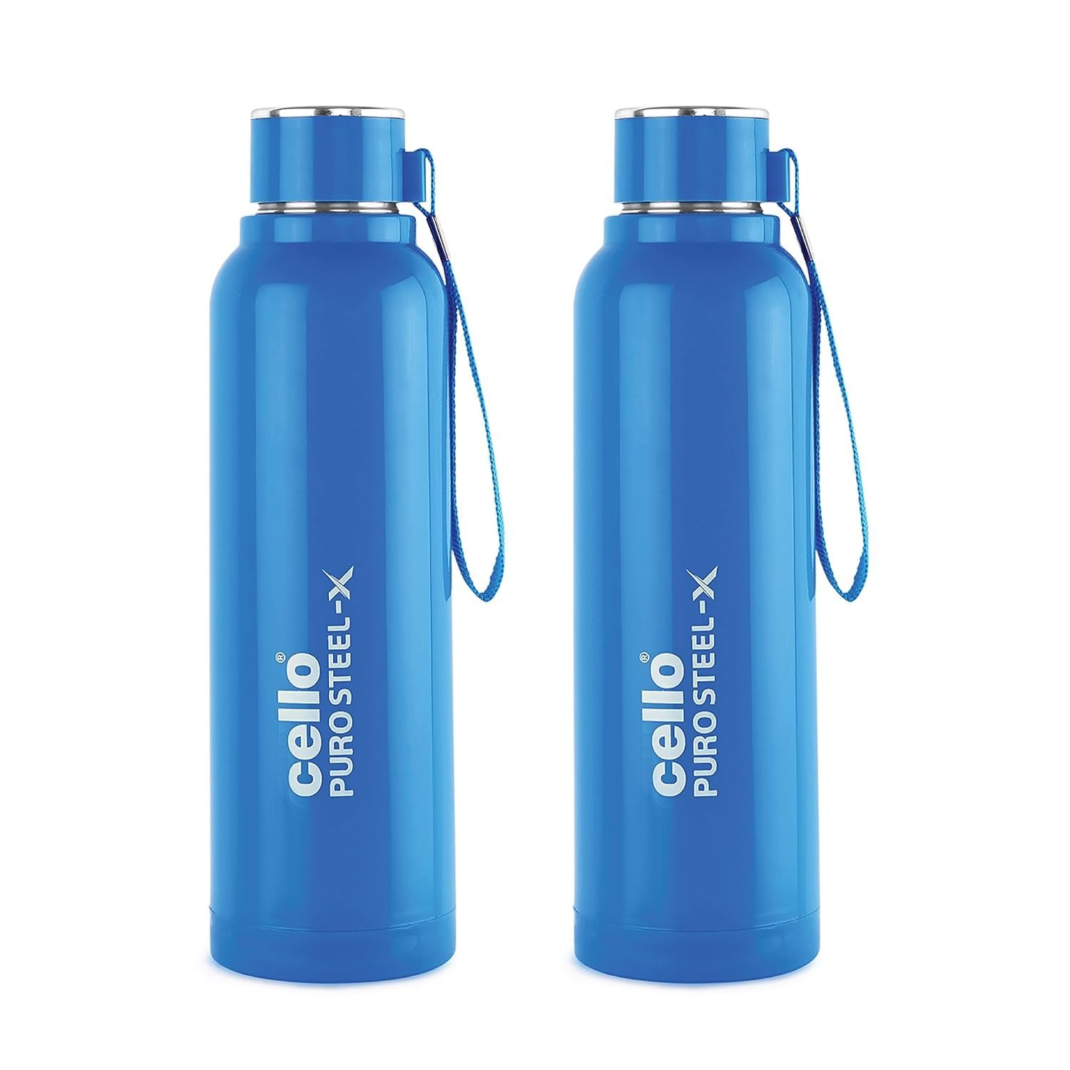 CELLO Puro Steel-X Benz 900 Insulated Water Bottle Set of 2 Pcs, 900 ml Blue | Carrying with Loop, Wide Mouth Leak Proof & Rust Resistant Inner Steel Insulated Water Bottles for School Kids & 