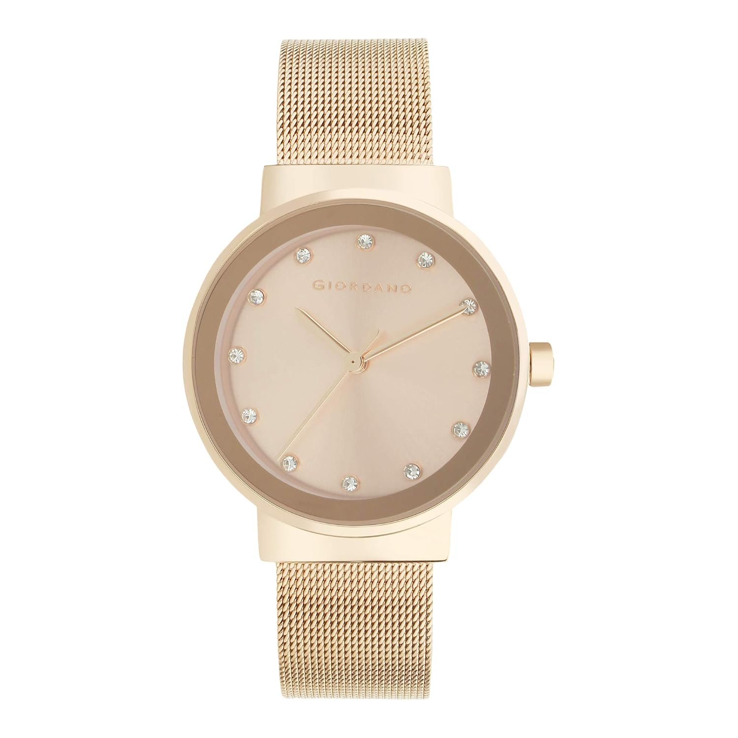Giordano Analog Watch for Women with Rose Gold Case, Crystal Studded Dial and Classy Metal Mesh Band, Ladies Wrist Watch Gift for Women A2047