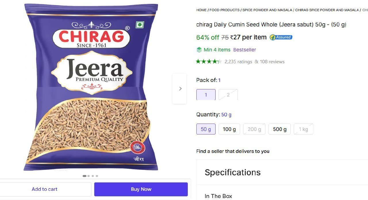 chirag Daily Cumin Seed Whole (Jeera sabut) 50g - Price in India - Buy chirag Daily Cumin Seed Whole (Jeera sabut) 50g - online at Shopsy.in