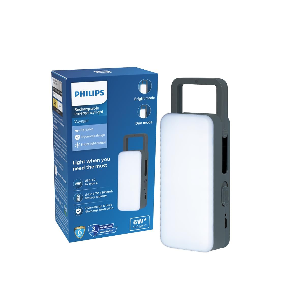 Philips Voyager 6W Rechargeable LED Emergency Light | 450 Lumens | 1500mAh Battery | Type-C Fast Charging | 2 Brightness Modes | Up to 1.5 Hours Backup | Portable & Compact (Grey) | Pack of 1