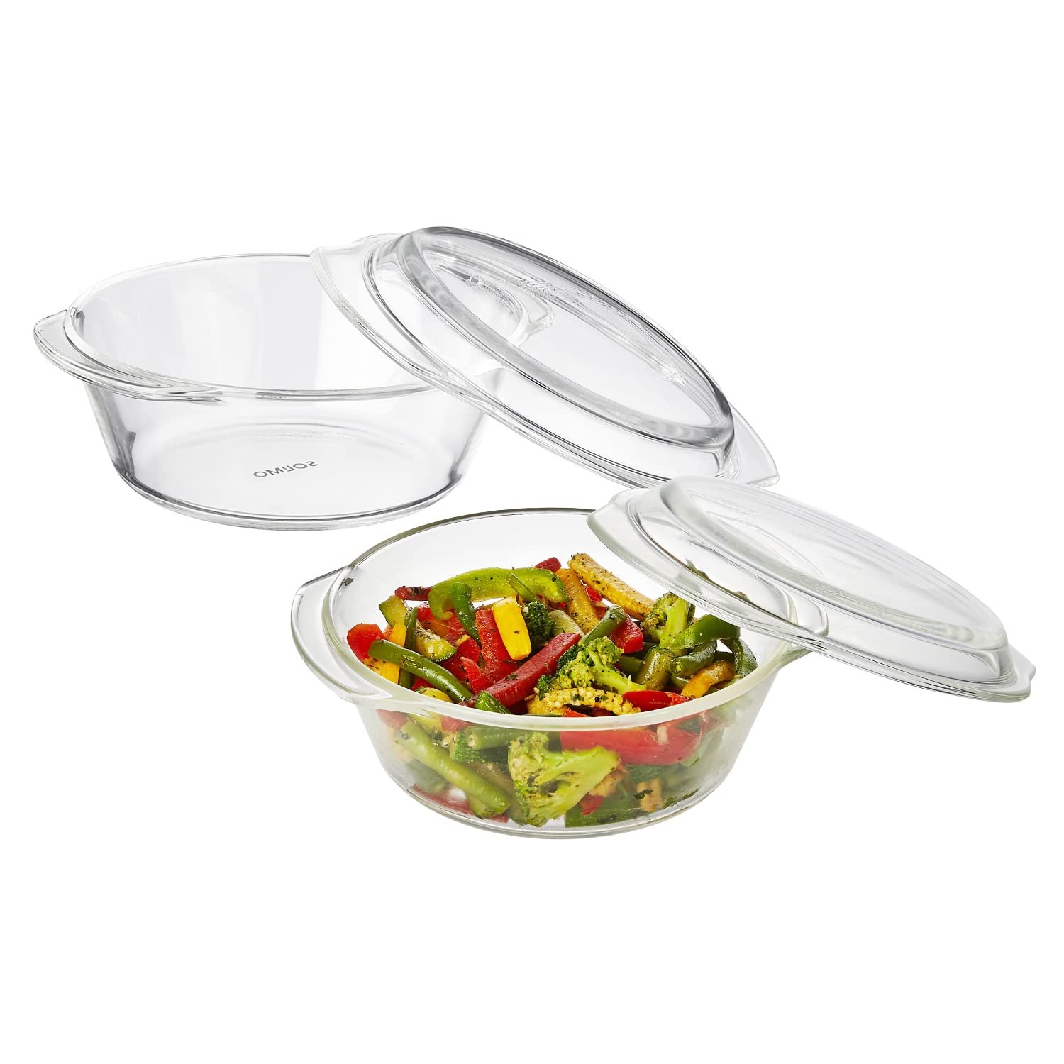 Amazon Brand - Solimo Borosilicate Glass Casserole-Cum-Serving Bowl with Lid | Oven & Microwave Safe | Deep Round | 1 L | Transparent