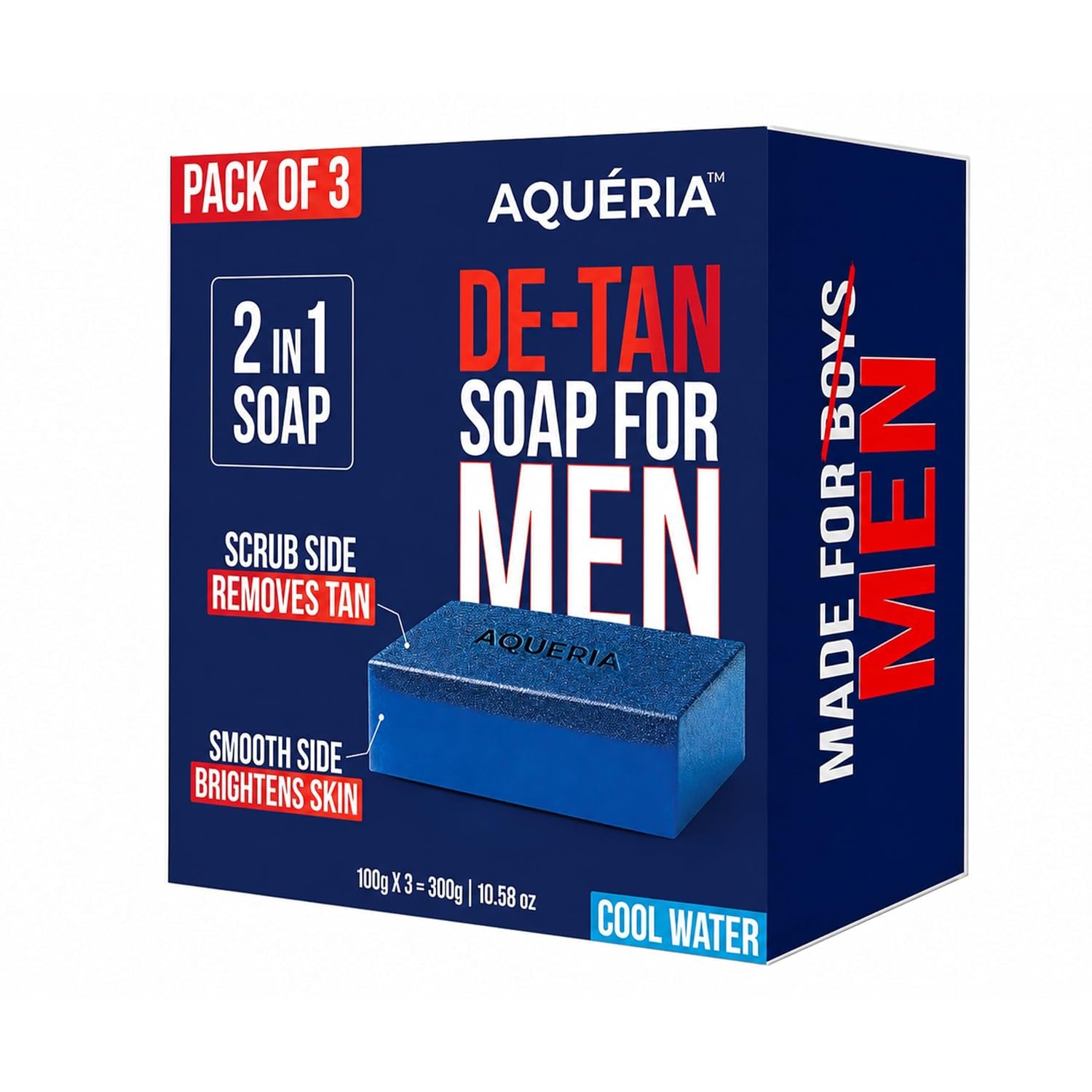 Aqueria De-Tan & Brightening 2-in-1 Bath Soap for Men | Cool Water Perfume | Scrub Side for Tan Removal & Gentle Exfoliation | Smooth Side for Skin Brightening & Hydration | Deep Cleansing