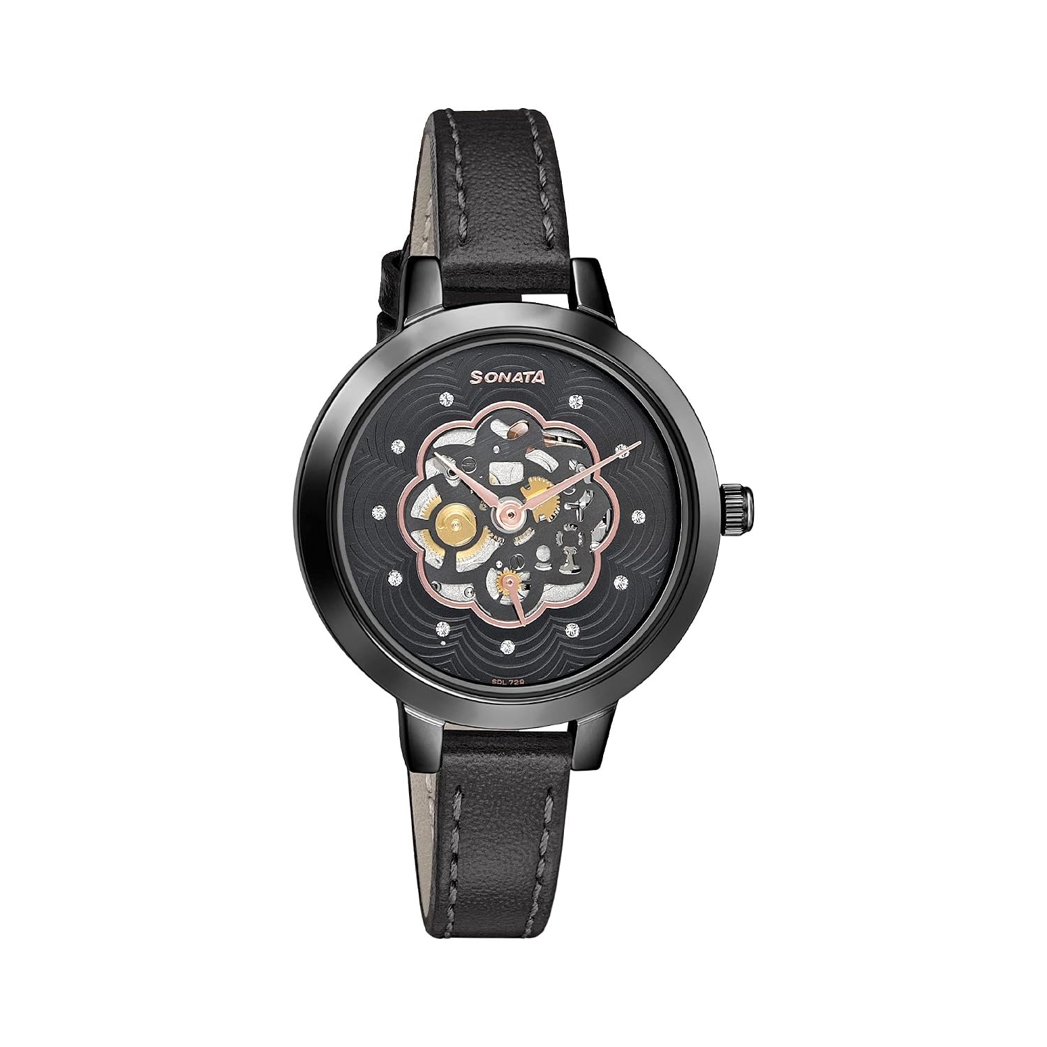Sonata Unveil Black Dial Women Analog Watch with Leather Strap-8141NL04