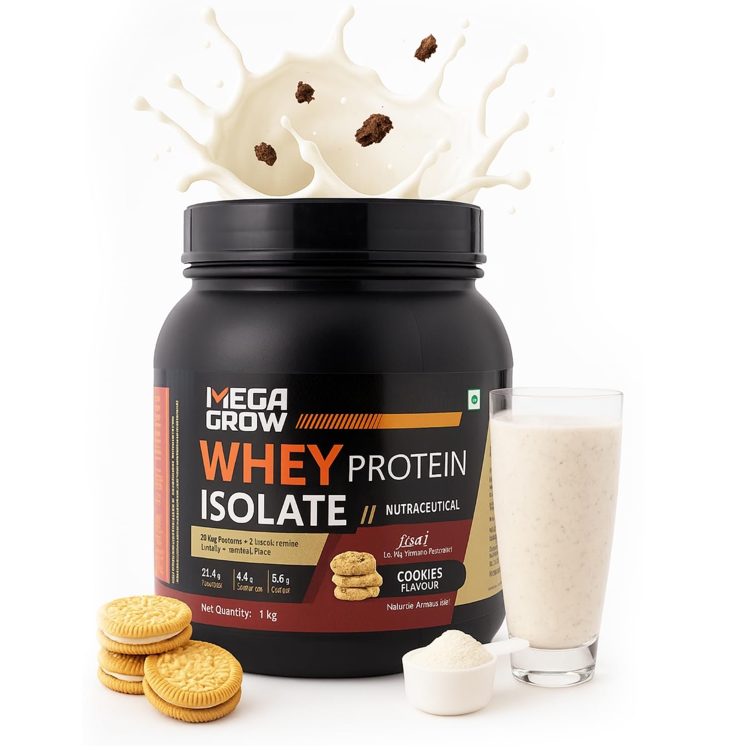 Megagrow Whey Protein Isolate – Cookies & Cream Flavor | 25g Protein per Serving, 4.23g BCAA, 3.98g L-Glutamic Acid | 34 Servings | Low Carb & Fat | Fast Absorption | Lean Muscle, Strength &am