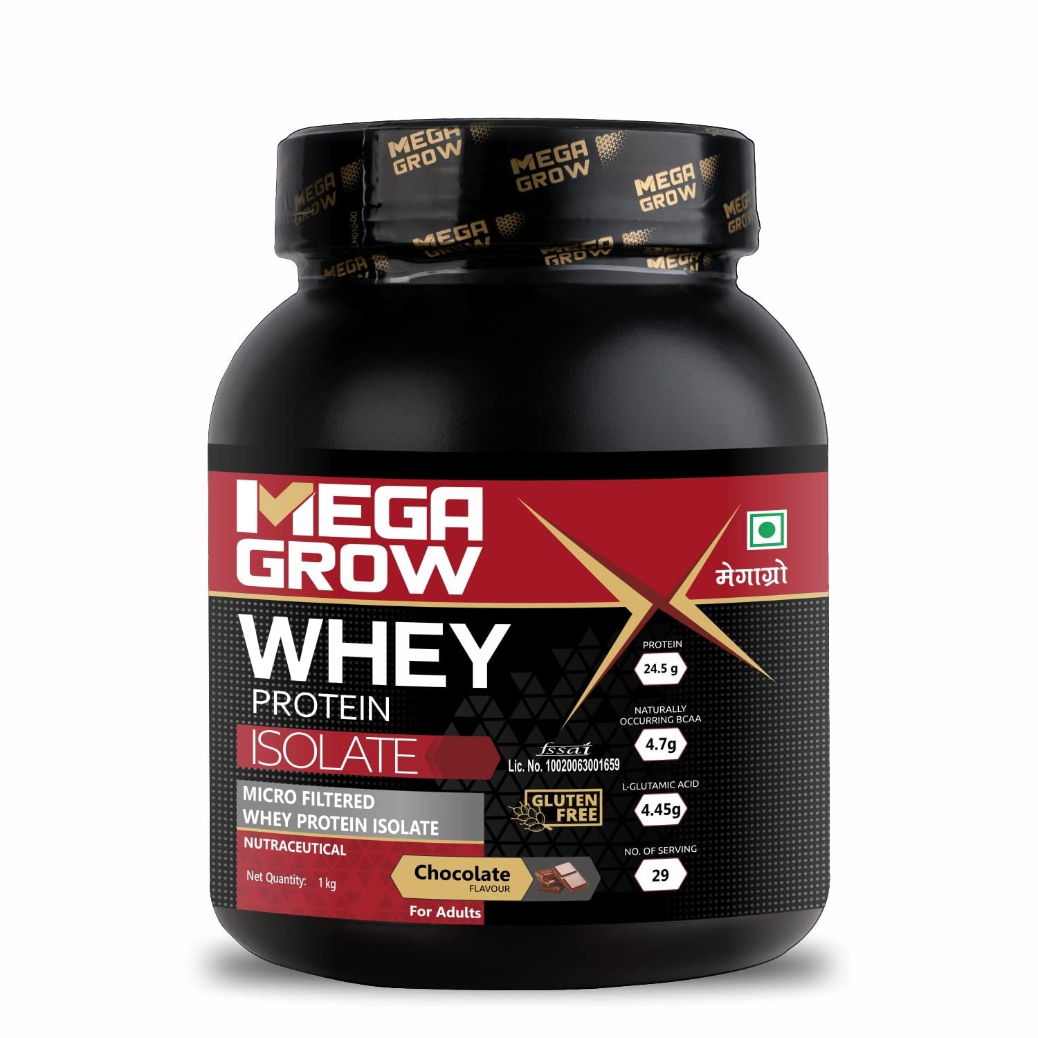 Megagrow Whey Isolate Protein Powder for Men, Chocolate Flavor 1kg- Gluten Free | No Sugar Added - with Sodium & Potassium for Low Carbs & Lean Muscle|24.5g Protein, 4.7g BCAA-29 Servings