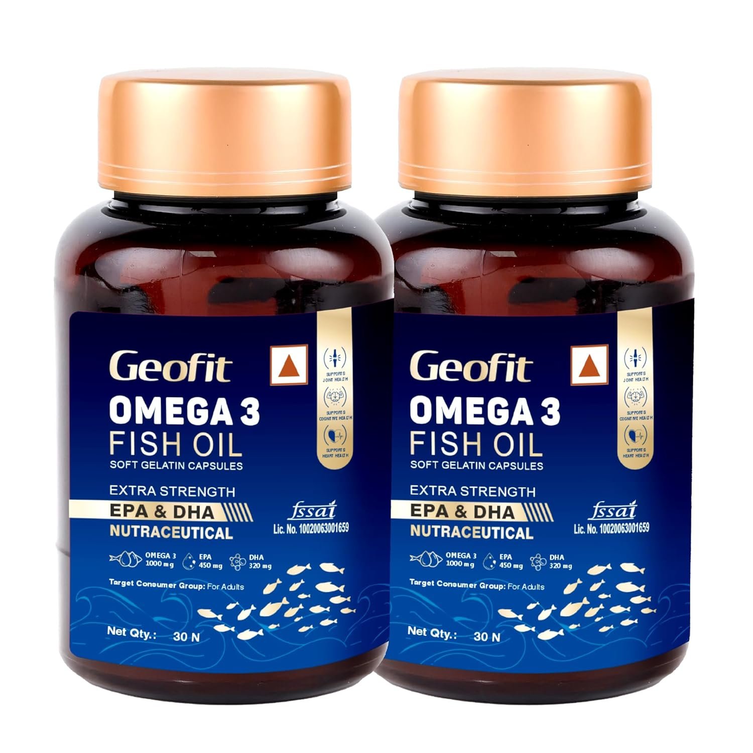 Geofit Omega 3 Fish Oil Capsules 30 Capsules (Pack of 2) | Heart, Brain, Muscle & Joint Health, With EPA & DHA, Safe for Adults