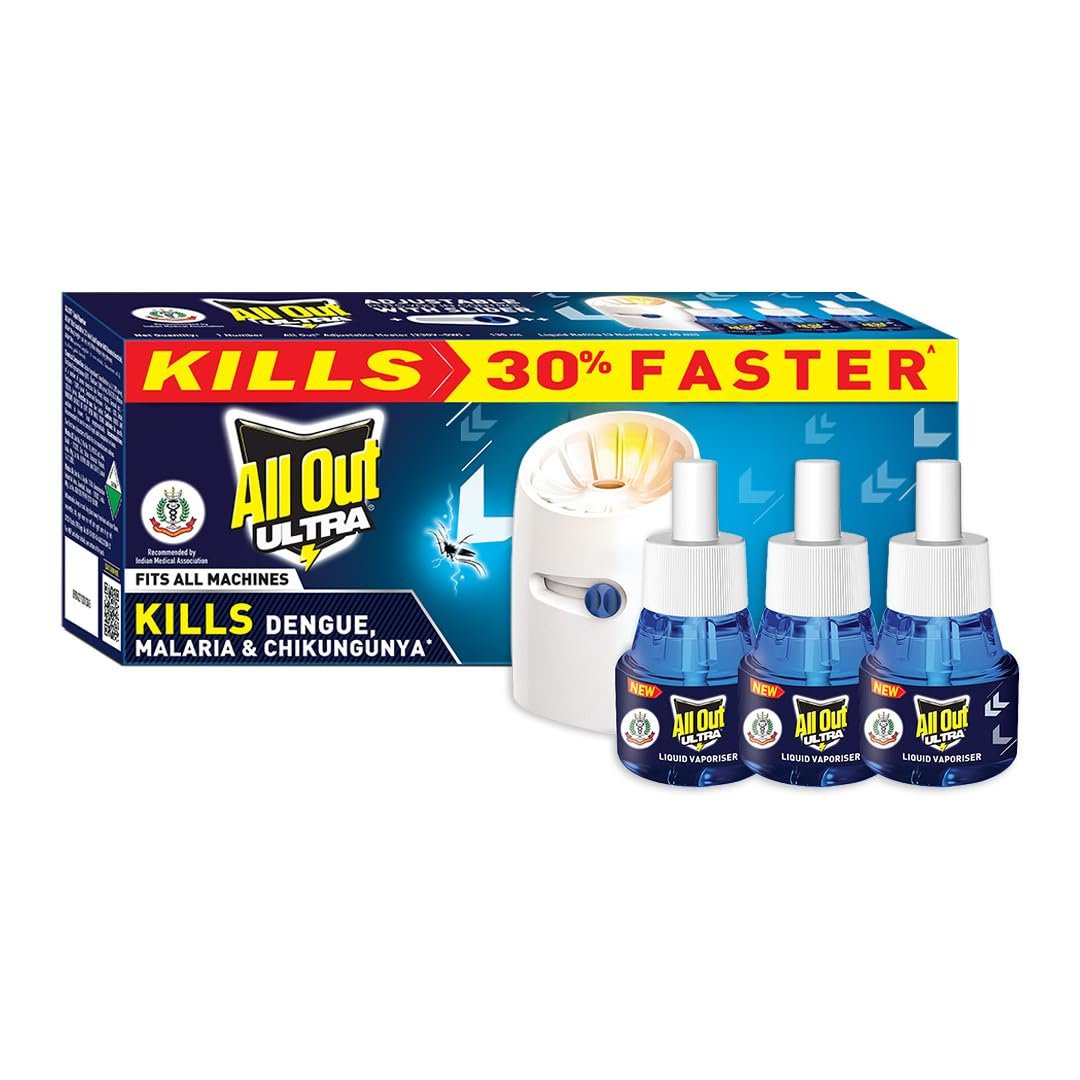 All Out Ultra Liquid Vaporizer, Machine + 3 Refills (45ml each) | Kills Dengue, Malaria & Chikungunya Spreading Mosquitoes| India's Only Mosquito Killer Brand Recommended by Indian Medical Ass