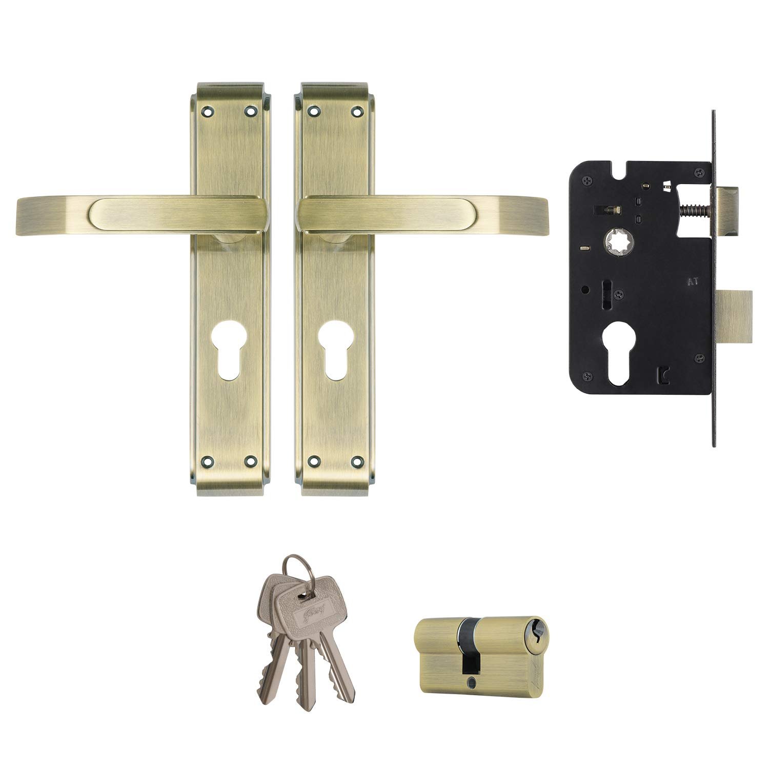 Godrej Locking Solutions and Systems Gloria Antique Brass Door Handle with Lock Set 2C for Home and Office Entrance Door (200 mm, Gold)