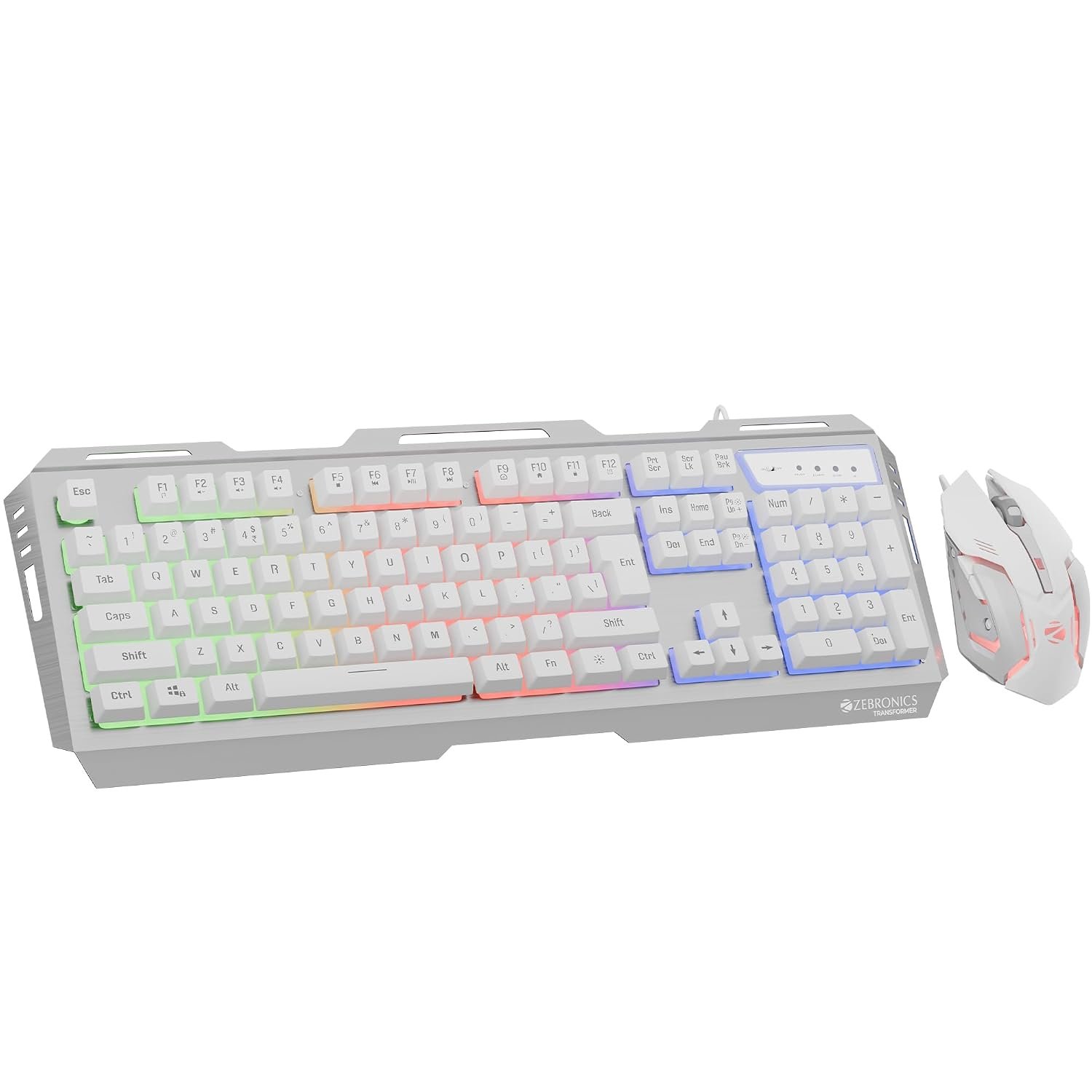 ZEBRONICS Transformer USB Gaming Keyboard & Mouse Combo,Braided Cable,Durable Al Body,Multimedia Keys & Gaming Mouse with 6 Buttons,Multi-Color LED Lights,High-Resolution Sensor with 3200 DPI(