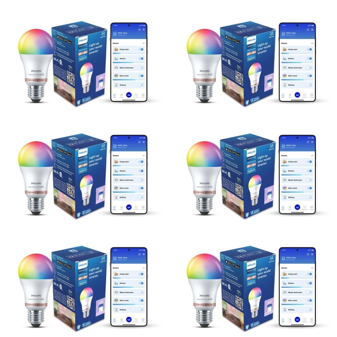 Philips Wiz Wi-Fi Enabled E27 12-Watt LED Smart Bulb, Compatible with Amazon Alexa and Google Assistant(16M Colours +Shades of White + Dimmable + Tunable), Pack of 6