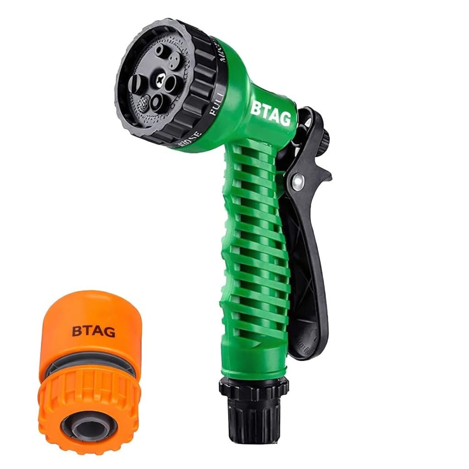 Btag 7-Pattern Garden Spray Gun Hose Nozzle with Adjustable Trigger Handle, Water Spray Nozzle for Car Wash, Lawn & Garden Watering - with Orange Connector (SPRAY001_Green)