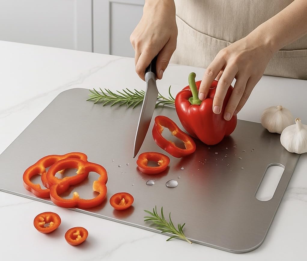 Food Grade Premium Stainless Steel Chopping Board – Large Heavy-Duty Steel Chopping Board for Kitchen Use, Safe & Durable for Vegetables, Fruits & Meat (36 × 25 cm)