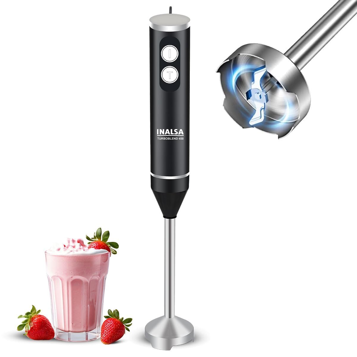 INALSA TurboBlend 450 Hand Blender | 450W Powerful Motor | 2 Speed Control | Stainless Steel Detachable Stem & Blades | Silent Operation | BPA Free | Black/Silver | 1 Year Warranty