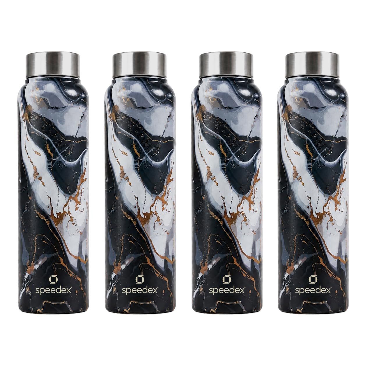Speedex Stainless Steel Printed Water Bottle 1 Ltr 1000 ml, BIS Approved, Leak Proof Screw Cap Bottle for Office, School, Travel, Daily Use for Men, Women, Kids, Adults, Midnight Marble, Set of 4