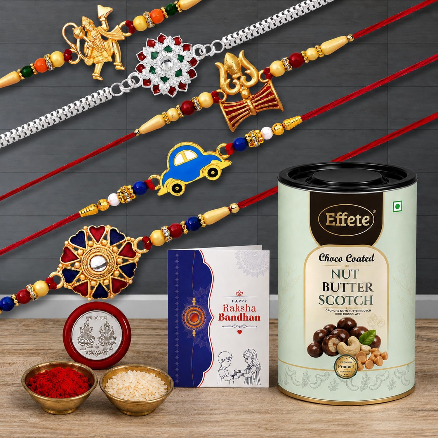 DeoDap Designer Rakhi Set of 5 for Brother – Hanuman Ji, Flower & Trishul Design with Nut Butterscotch Chocolate 96gm, Pooja Coin, Roli Chawal & Card | Rakhi with Chocolate Combo for Raksha Ba