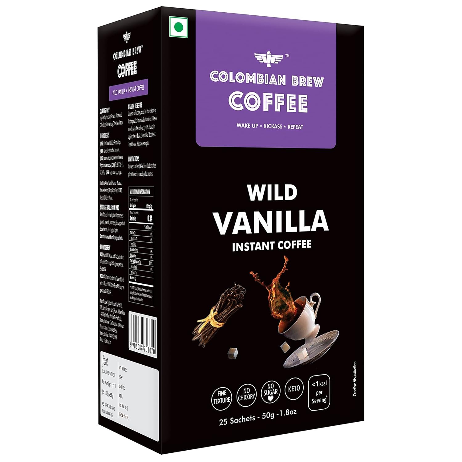 Colombian Brew Vanilla Instant Coffee Powder, No Sugar, 20 Sachets