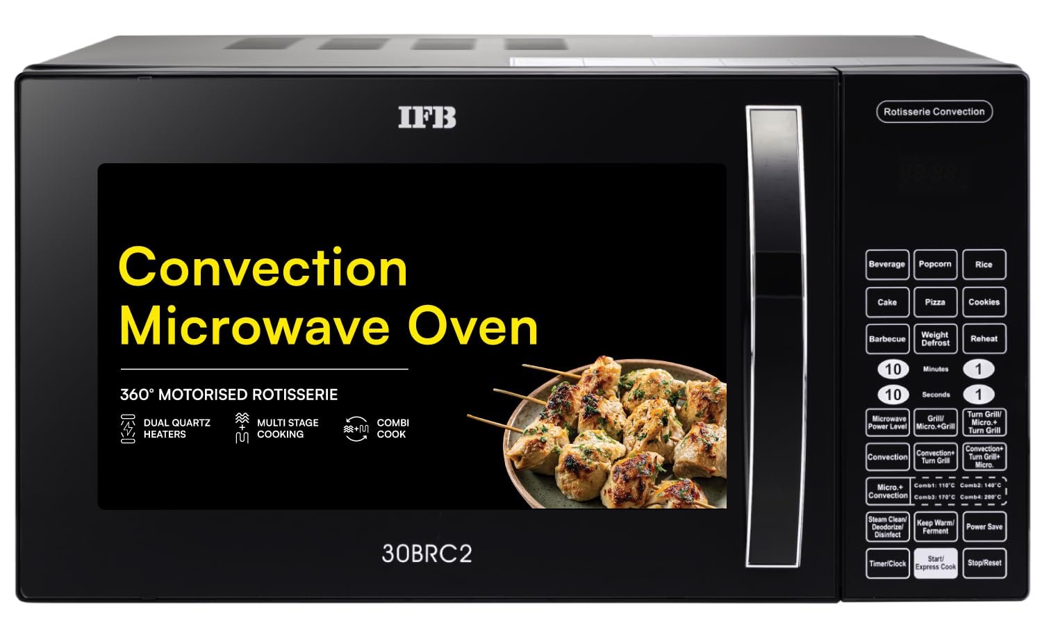 IFB 30L Convection Microwave Oven with 101 Standard Cook Menus (30BRC2, Black, 360 Degree Motorized Rotisserie, Weight Defrost, Steam Clean, Grill & 4 combi cook modes, 10 Power Levels)