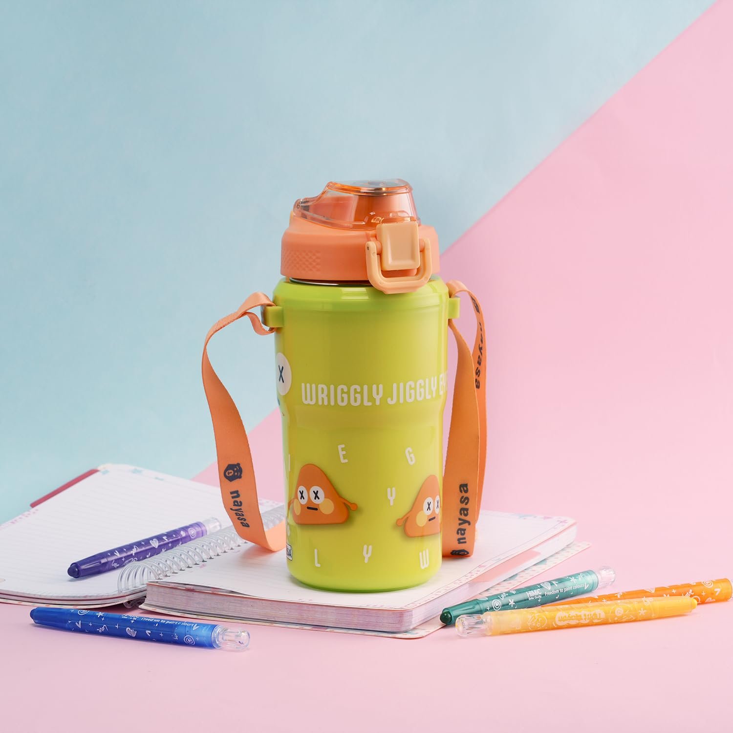 Nayasa Duo-Sip 450ml Kids Water Bottle | Dual Drinking Options | BPA-Free & Food Safe | Wriggly Jiggly Print | With Strap, Carry Handle & Neck Band | Insulated Bottle for School - Green