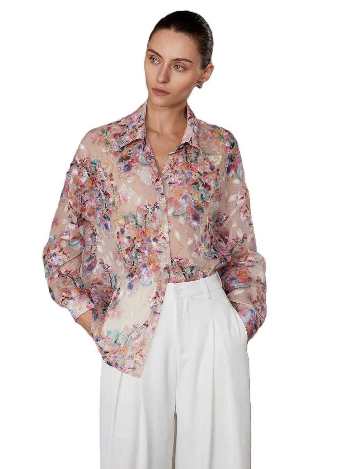 Women Shirt || Women Top ||Floral Print Polo Collar Shirt, Casual Long Sleeve (S-26-28)