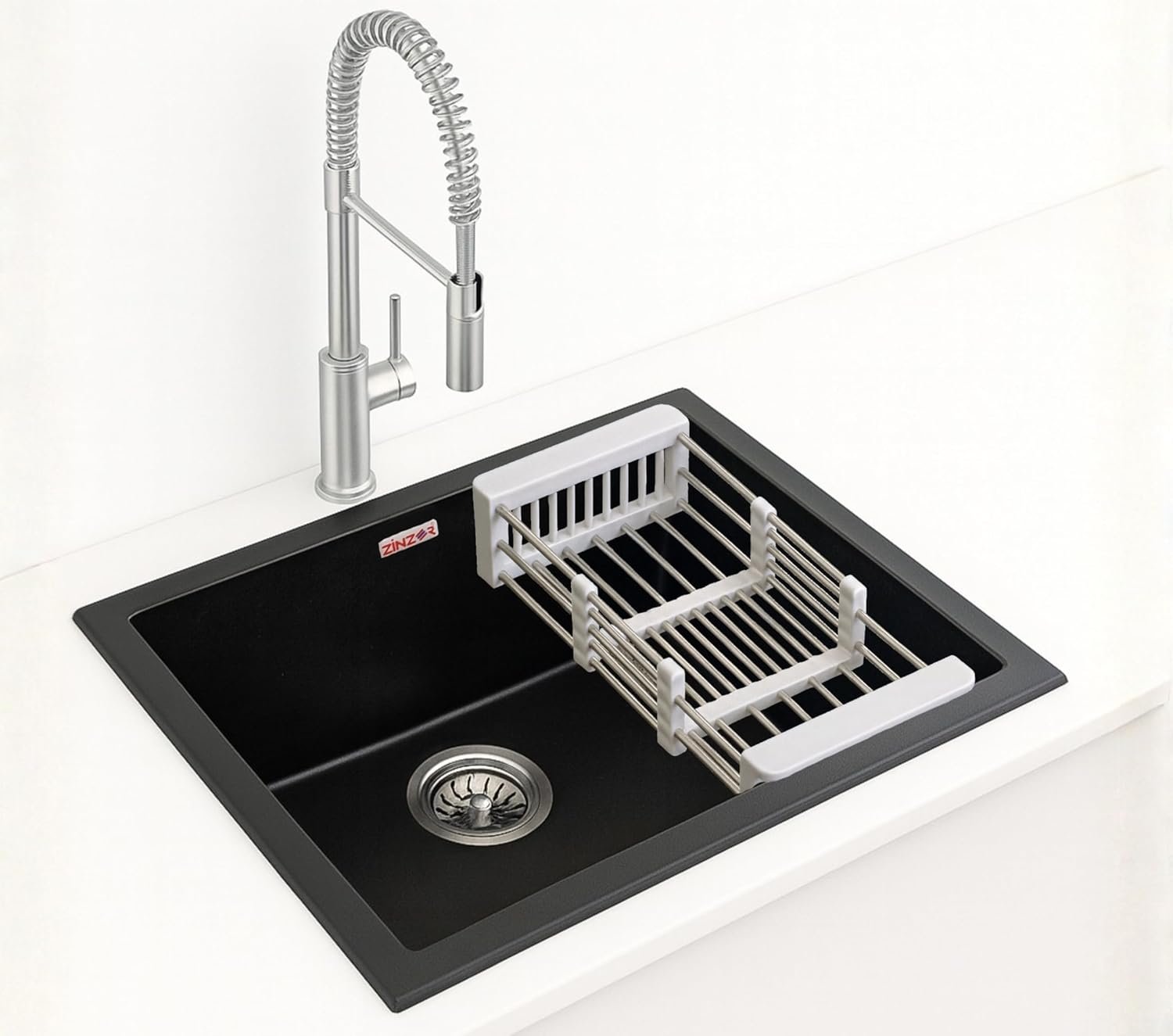 Granite Quartz Kitchen Sink (24x18x8, Midnight Black) | Undermount, Topmount & Flushmount Single Bowl | UV Protected, Scratch & Heat Resistant, 10 Year Warranty | With Coupling, Pipe & Bas